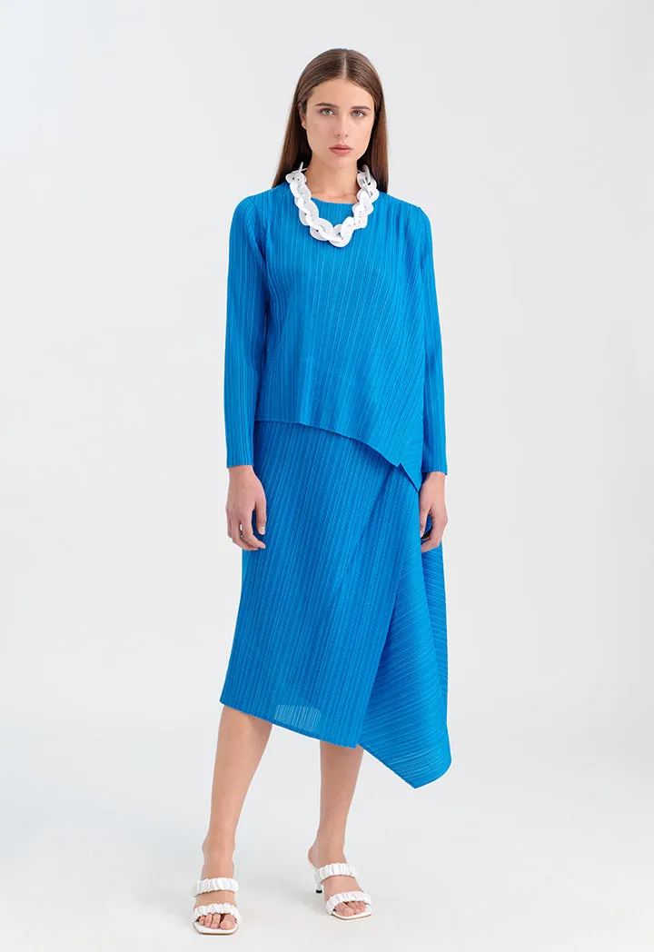 Choice Round Neck Electric Pleated Blouse Blue Blue