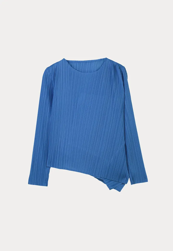 Choice Round Neck Electric Pleated Blouse Blue Blue