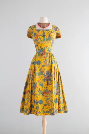 Classic 1950's Carolyn Schnurer Novelty Print Cotton Dress / Medium