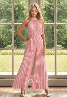 Classic&Timeless Halter Neck Sleeveless Pleats Satin Mother of Bride Cocktail Pantsuits with Belt