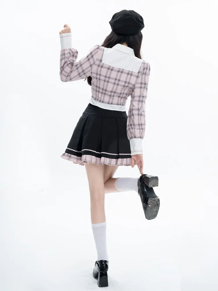 College Style Retro Plaid Shirt Fake Two-piece Pleated Skirt Suit