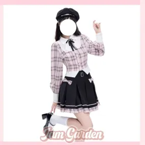 College Style Retro Plaid Shirt Fake Two-piece Pleated Skirt Suit