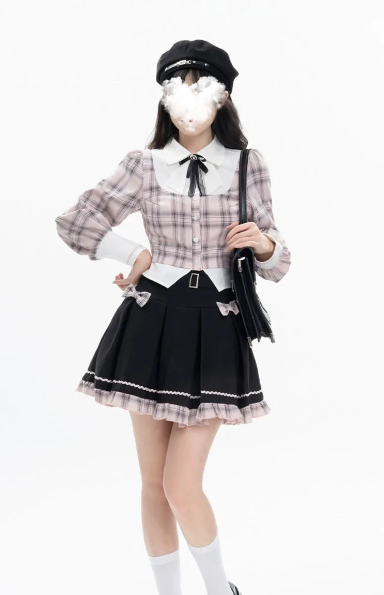 College Style Retro Plaid Shirt Fake Two-piece Pleated Skirt Suit