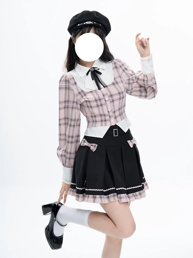 College Style Retro Plaid Shirt Fake Two-piece Pleated Skirt Suit