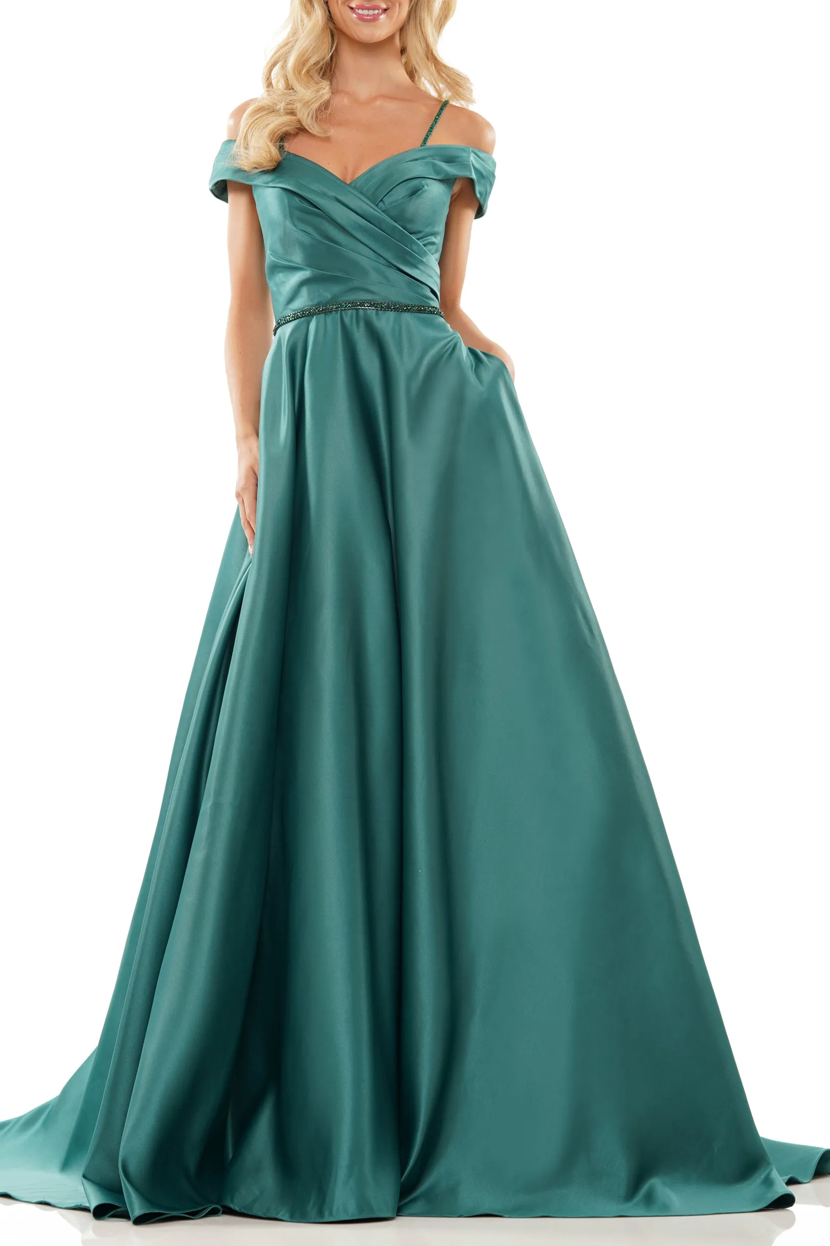 Colors Dress Embellished Strap Sweetheart Neck Sleeveless Pleated Tie Back Jacquard Gown