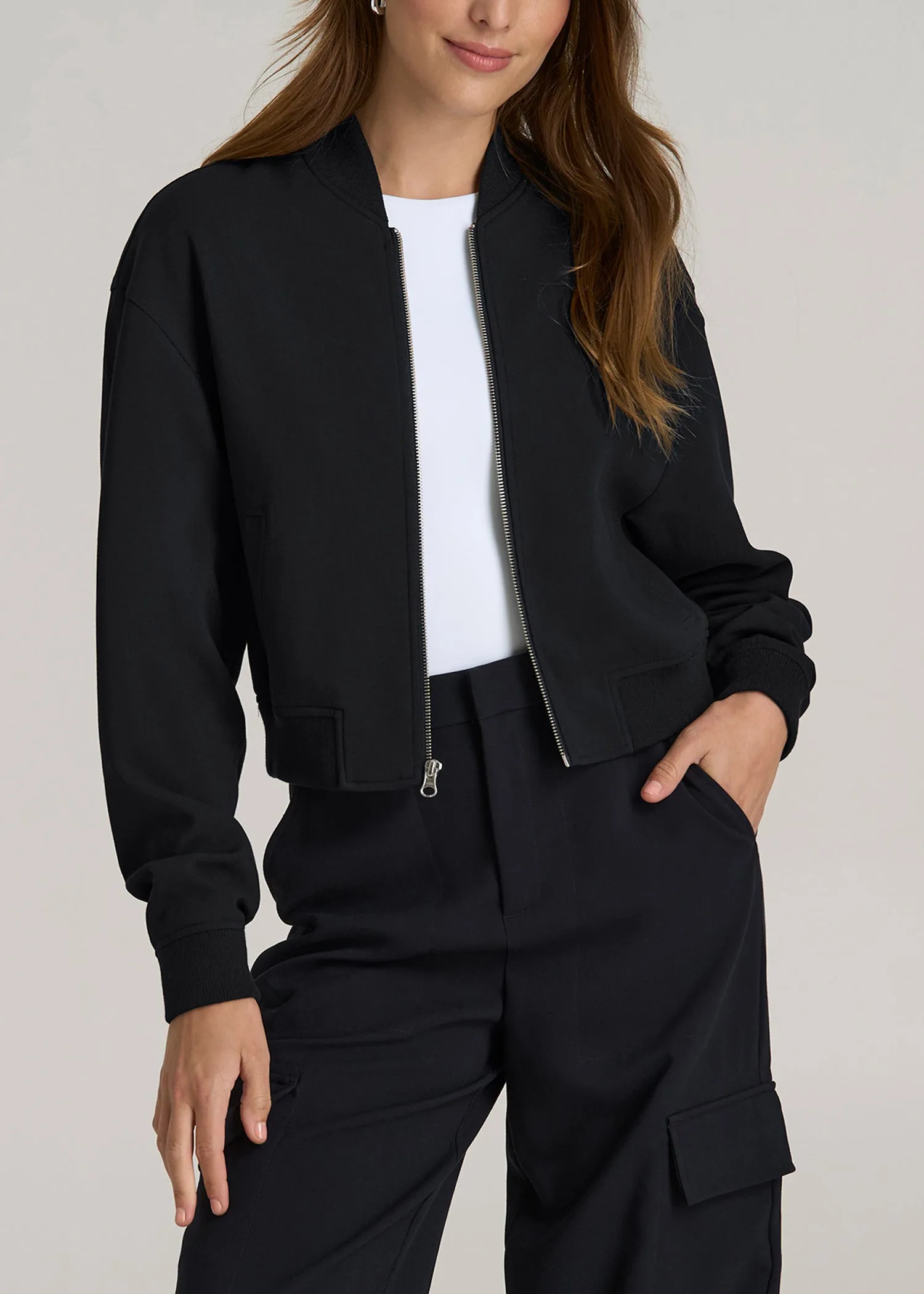 Cropped Women's Tall Bomber Jacket in Black