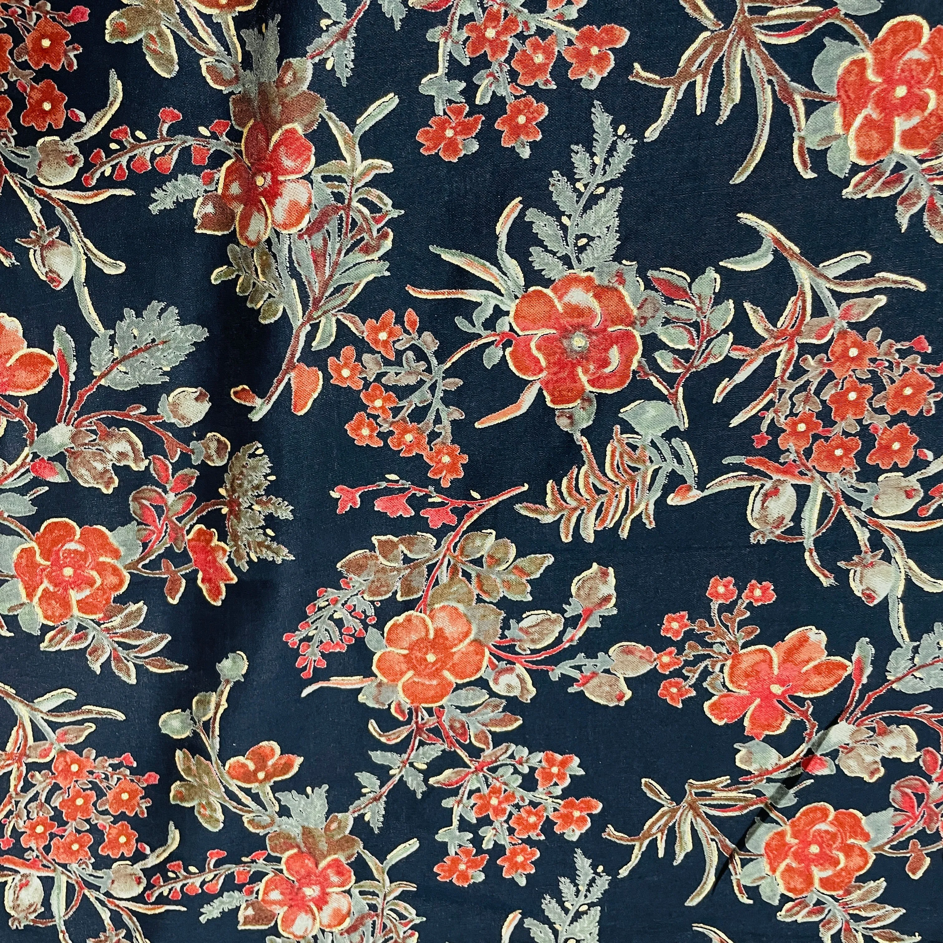 Dark Blue Red Floral Foil Print Chanderi Silk Fabric