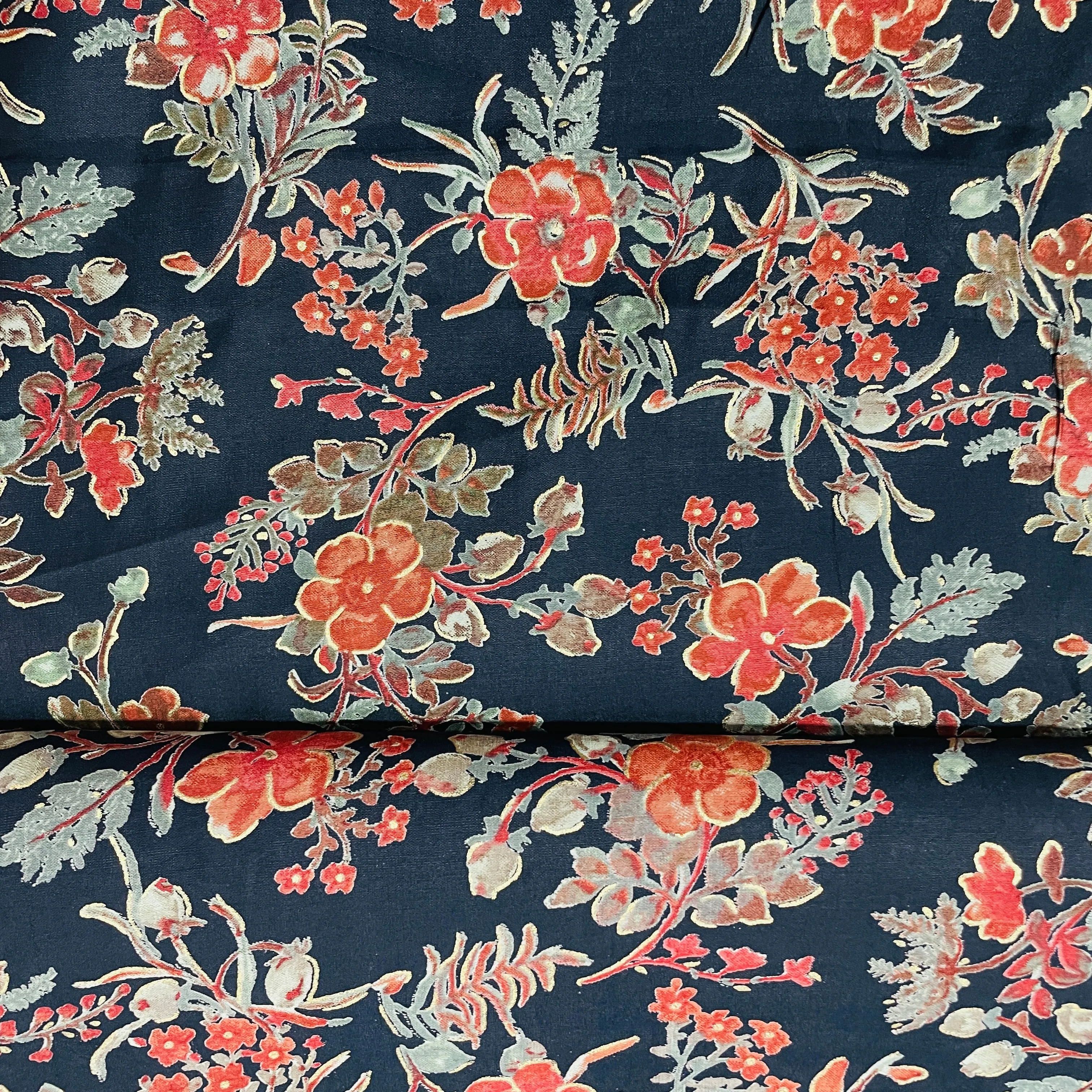 Dark Blue Red Floral Foil Print Chanderi Silk Fabric