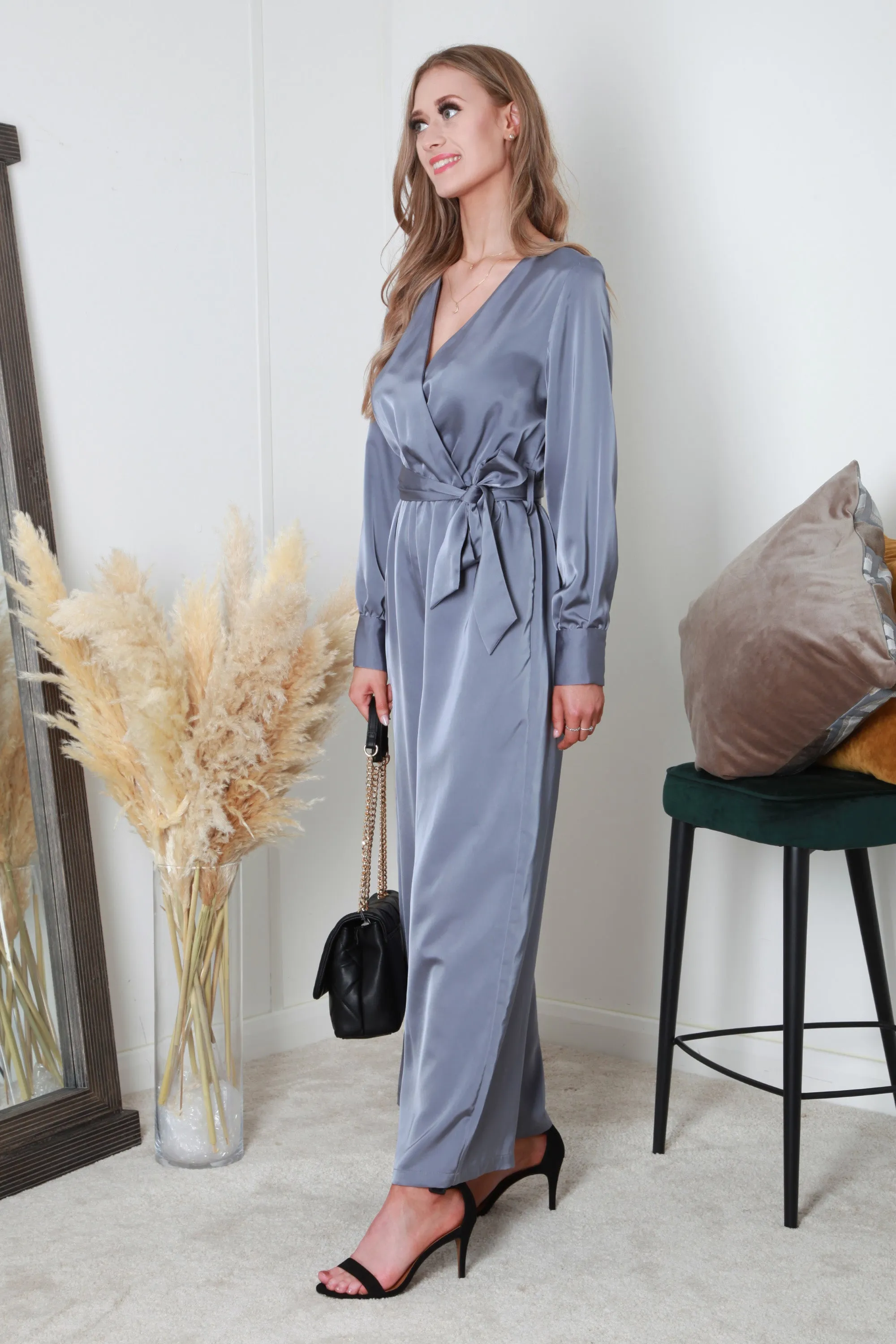 Double Second Silver/blue Lux Satin Wrap Jumpsuit