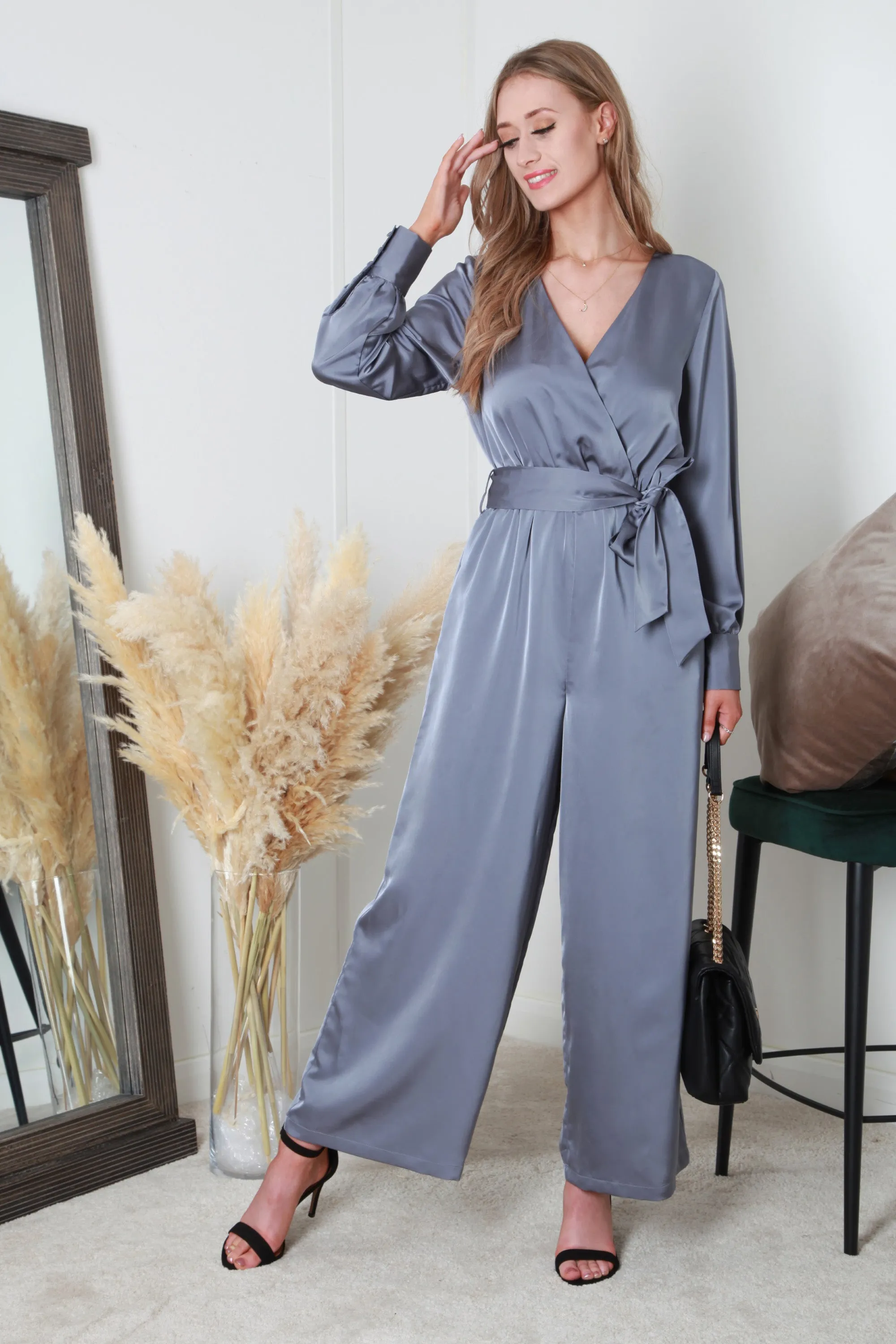 Double Second Silver/blue Lux Satin Wrap Jumpsuit