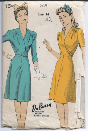 DuBarry 5758 Ladies Dress Vintage Sewing Pattern 1940s Rare Unprinted