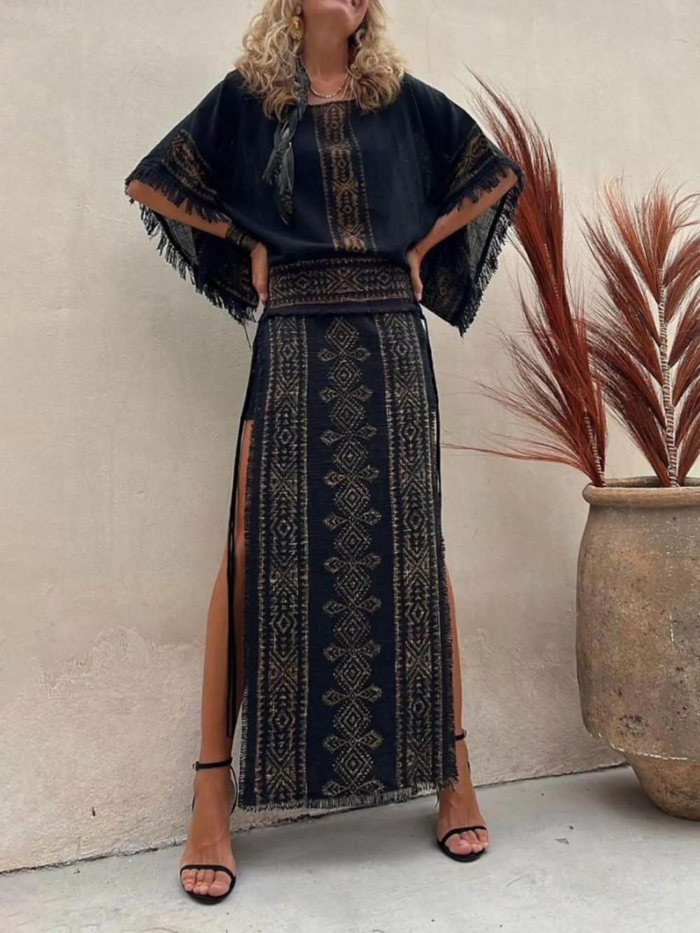 Ethnic Print Patchwork Side Lace-Up Maxi Skirt-Set