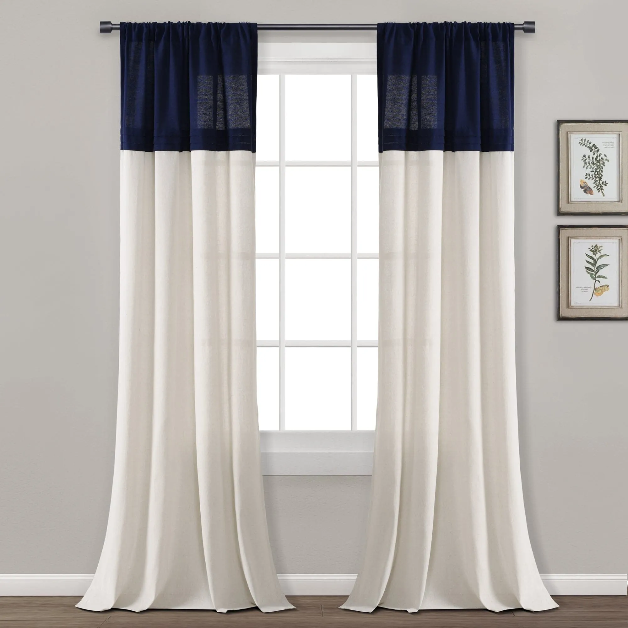 Farmhouse Faux Linen Colorblock Pleated Window Curtains