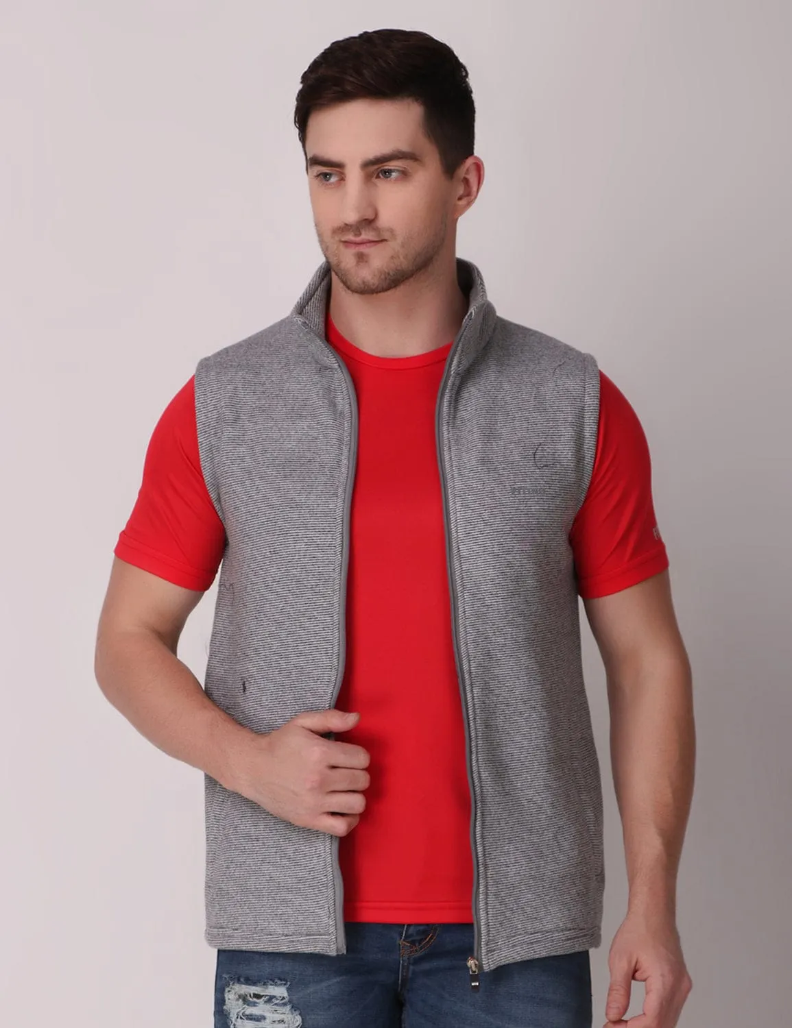 Fitinc Men’s Fleece Half Sleeves Melange Light Grey Jacket