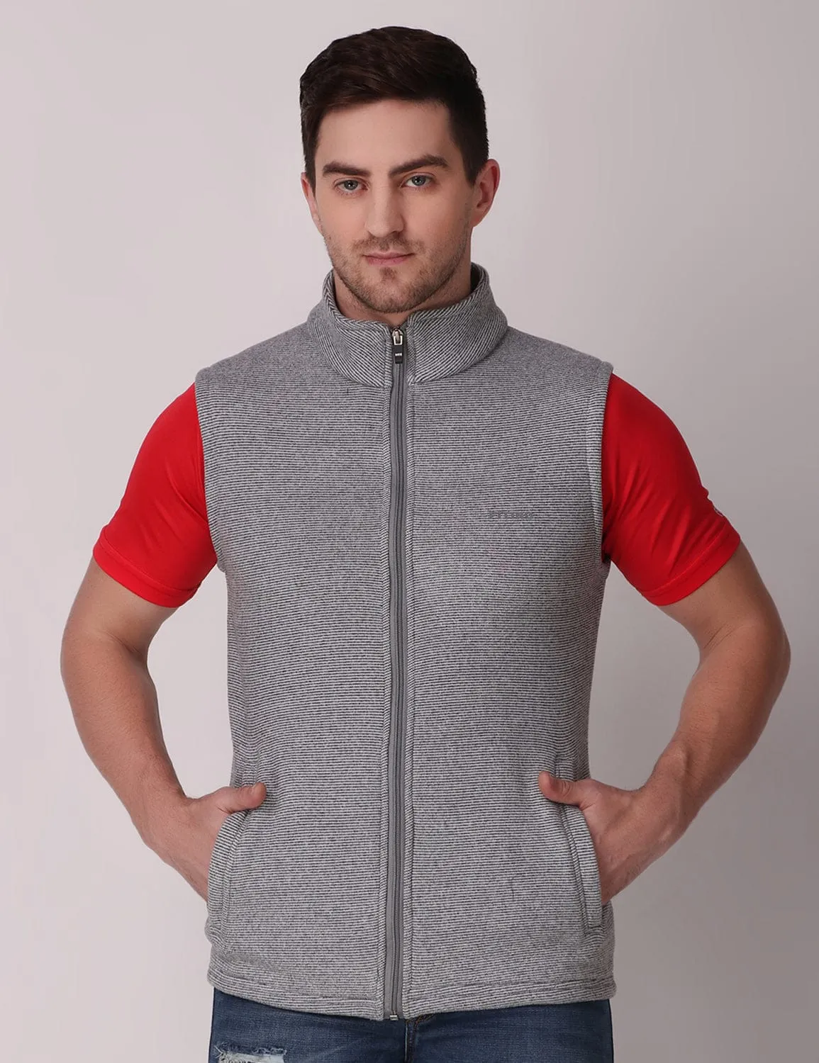 Fitinc Men’s Fleece Half Sleeves Melange Light Grey Jacket