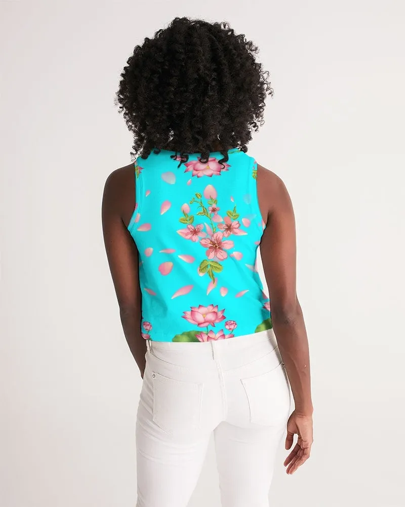 Floral Lotus Turquoise Women's Cropped Tank Top