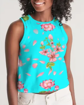 Floral Lotus Turquoise Women's Cropped Tank Top