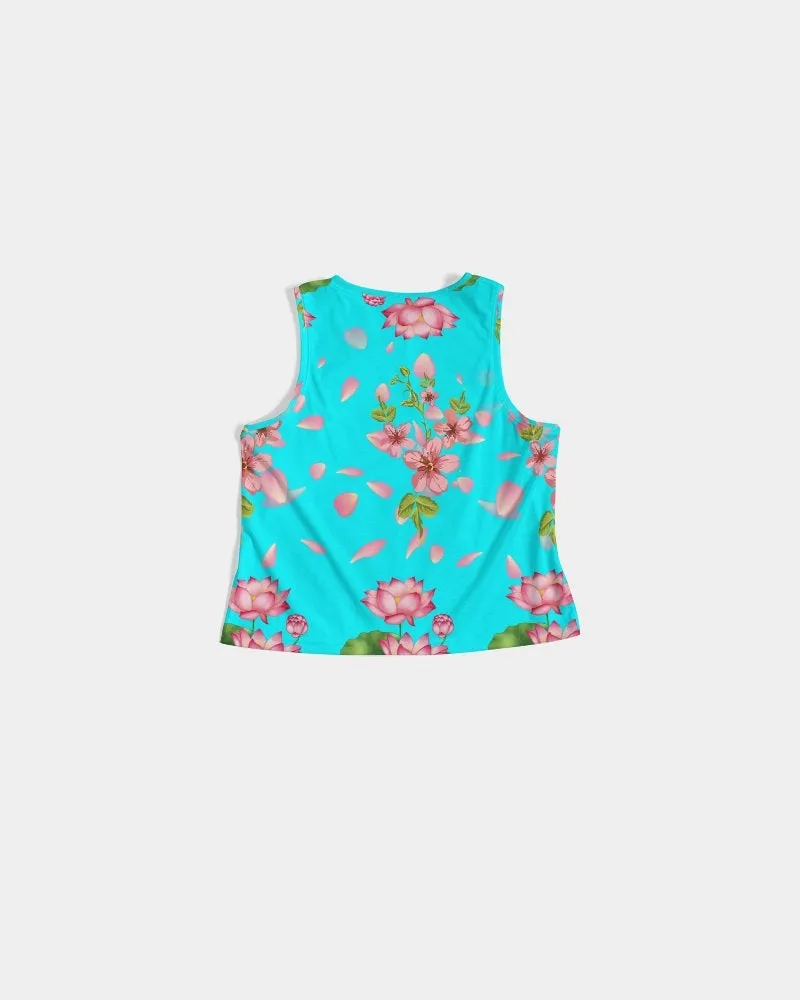 Floral Lotus Turquoise Women's Cropped Tank Top