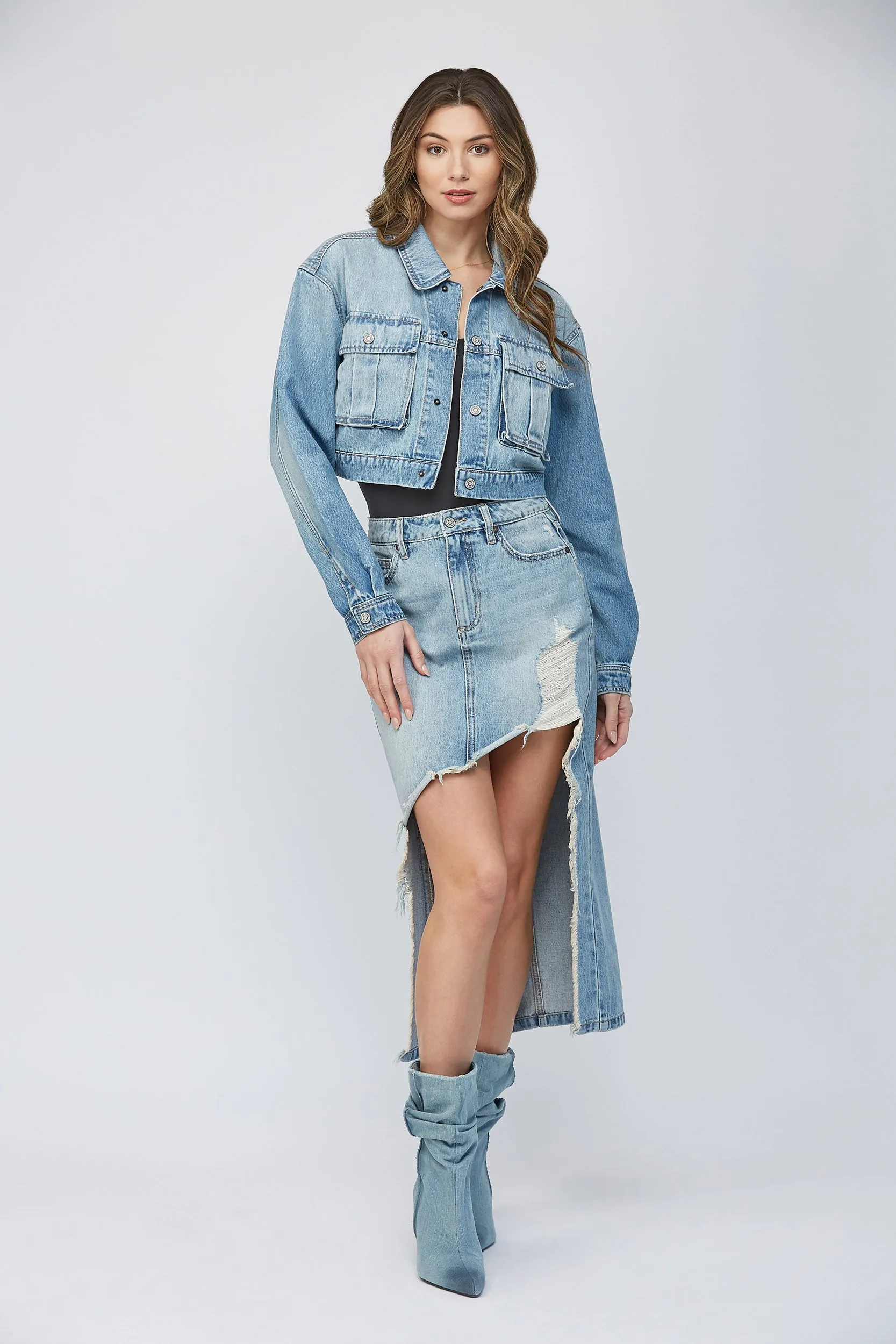 Front Pocket Cropped Light Denim Jacket