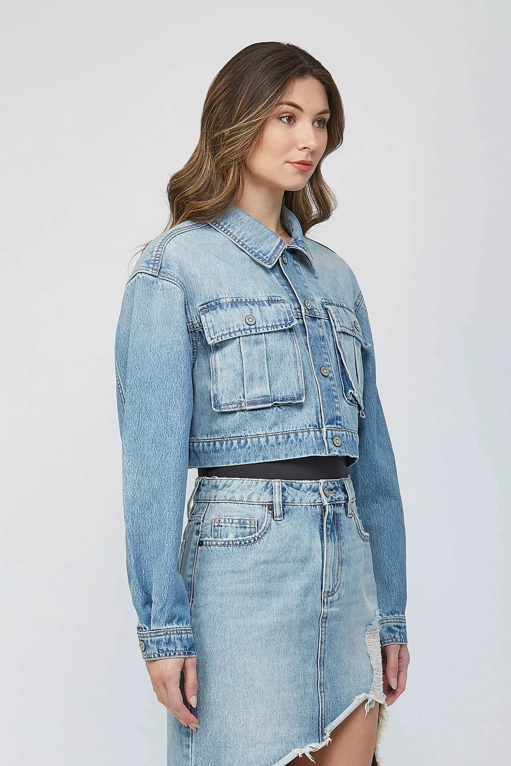 Front Pocket Cropped Light Denim Jacket