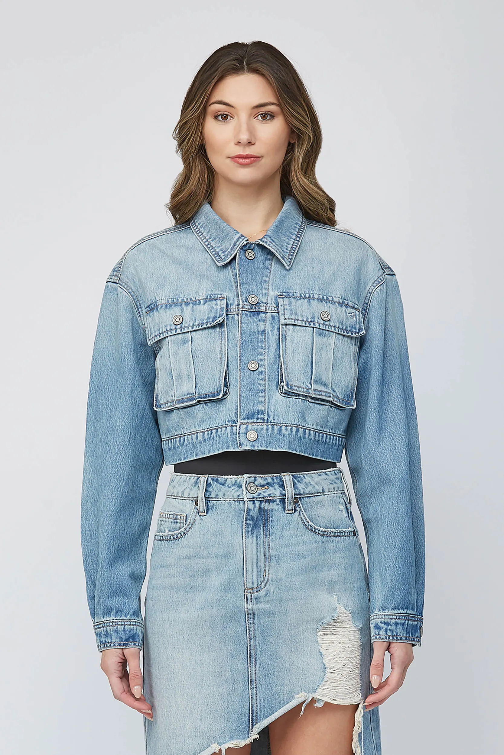 Front Pocket Cropped Light Denim Jacket