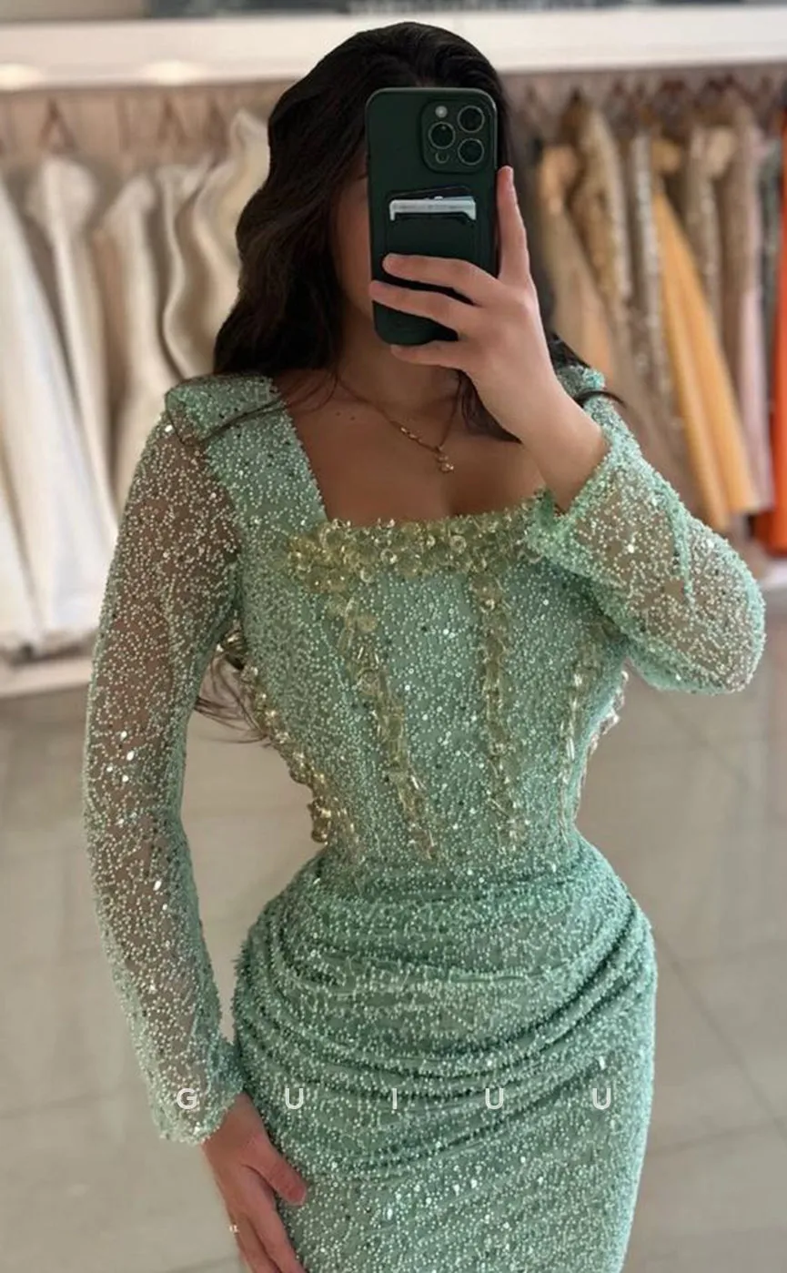 G4038 - Mermaid Square Neck Long Sleeves Fully Sequined Pleated Long Prom Party Dress with Train