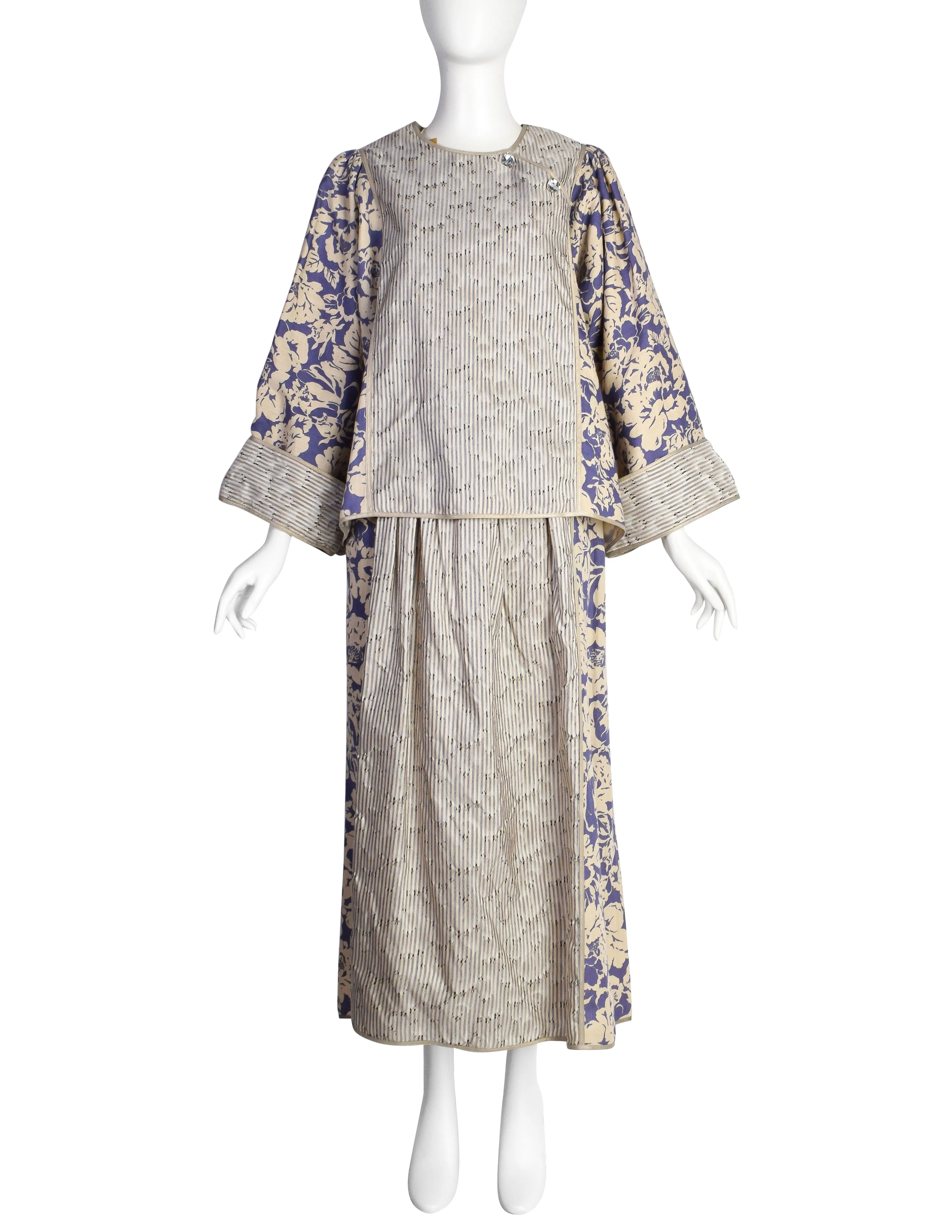 Geoffrey Beene Vintage 1980s Striped Floral Linen and Silk Top and Skirt Ensemble Set