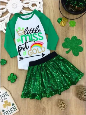 Girls "Little Miss Pot of Gold" Rainbow Top and Sequin Skirt Set