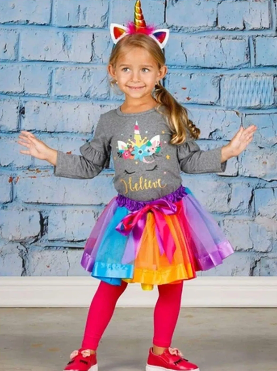 Girls Ruffled Floral "I Believe" Unicorn Top And Rainbow Tutu Skirt Set