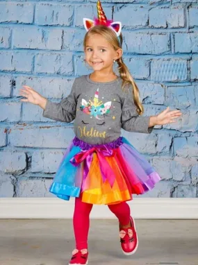 Girls Ruffled Floral "I Believe" Unicorn Top And Rainbow Tutu Skirt Set