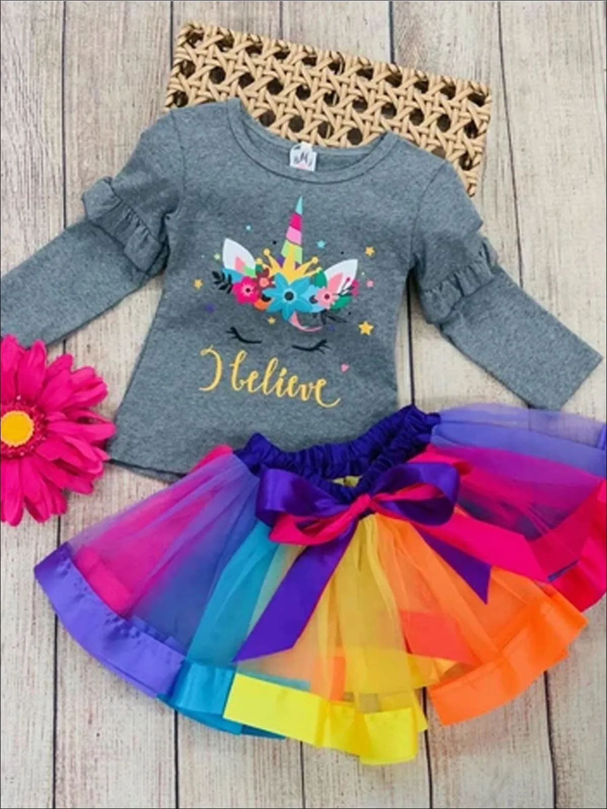 Girls Ruffled Floral "I Believe" Unicorn Top And Rainbow Tutu Skirt Set