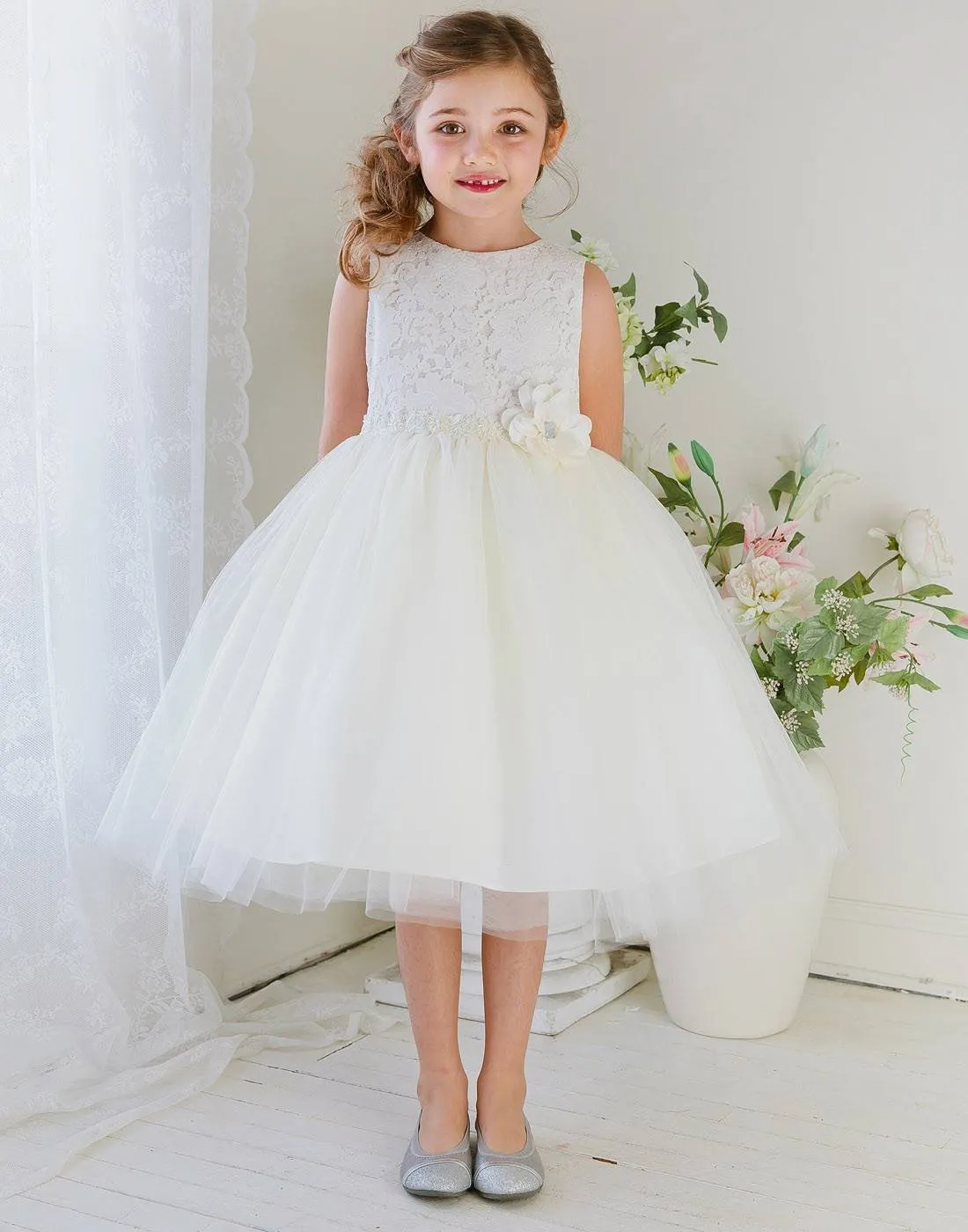 Glamorous and Lace tulle Dress with Flower Accented Belt - Ivory