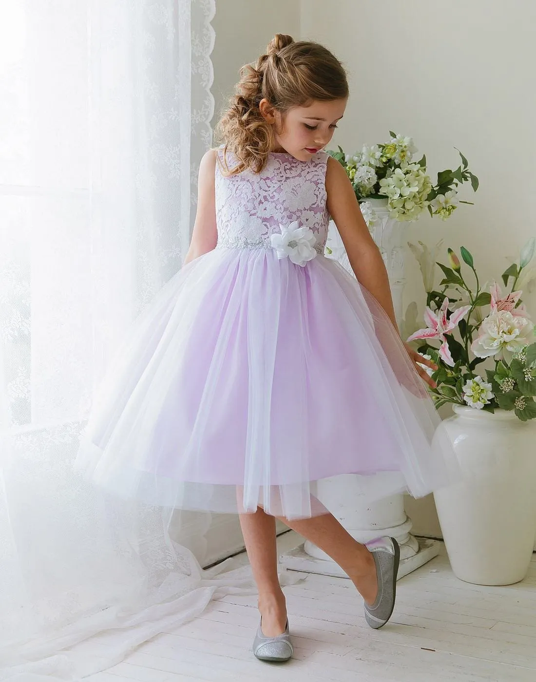 Glamorous and Lace tulle Dress with Flower Accented Belt - Lavender