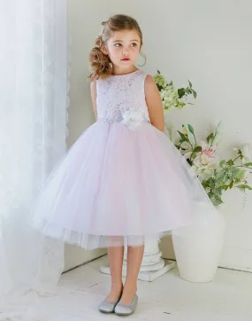 Glamorous and Lace tulle Dress with Flower Accented Belt - Pink