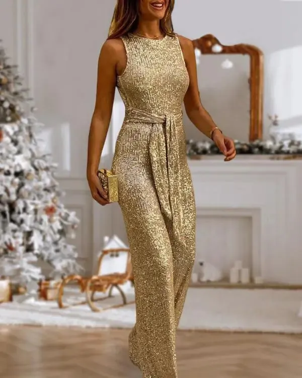 Glitter Round Neck Sleeveless Backless Sequins Jumpsuit