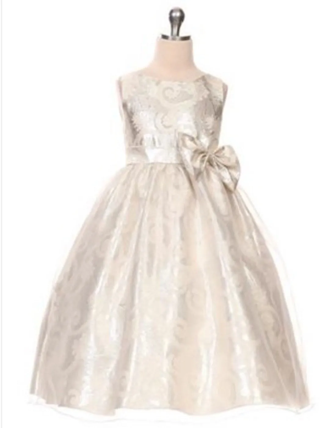 Glittery Gold and Aqua Organza Overlay Jacquard Dress with a Bow - Silver