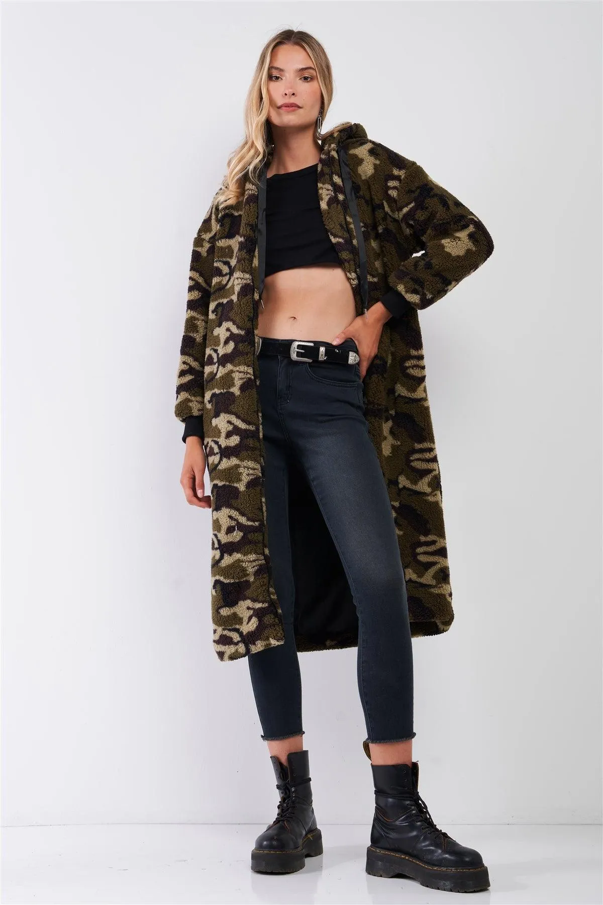 Green Camo Polar Fleece Zip-Up Front Fuzzy Midi Coat Jacket /2-2-2