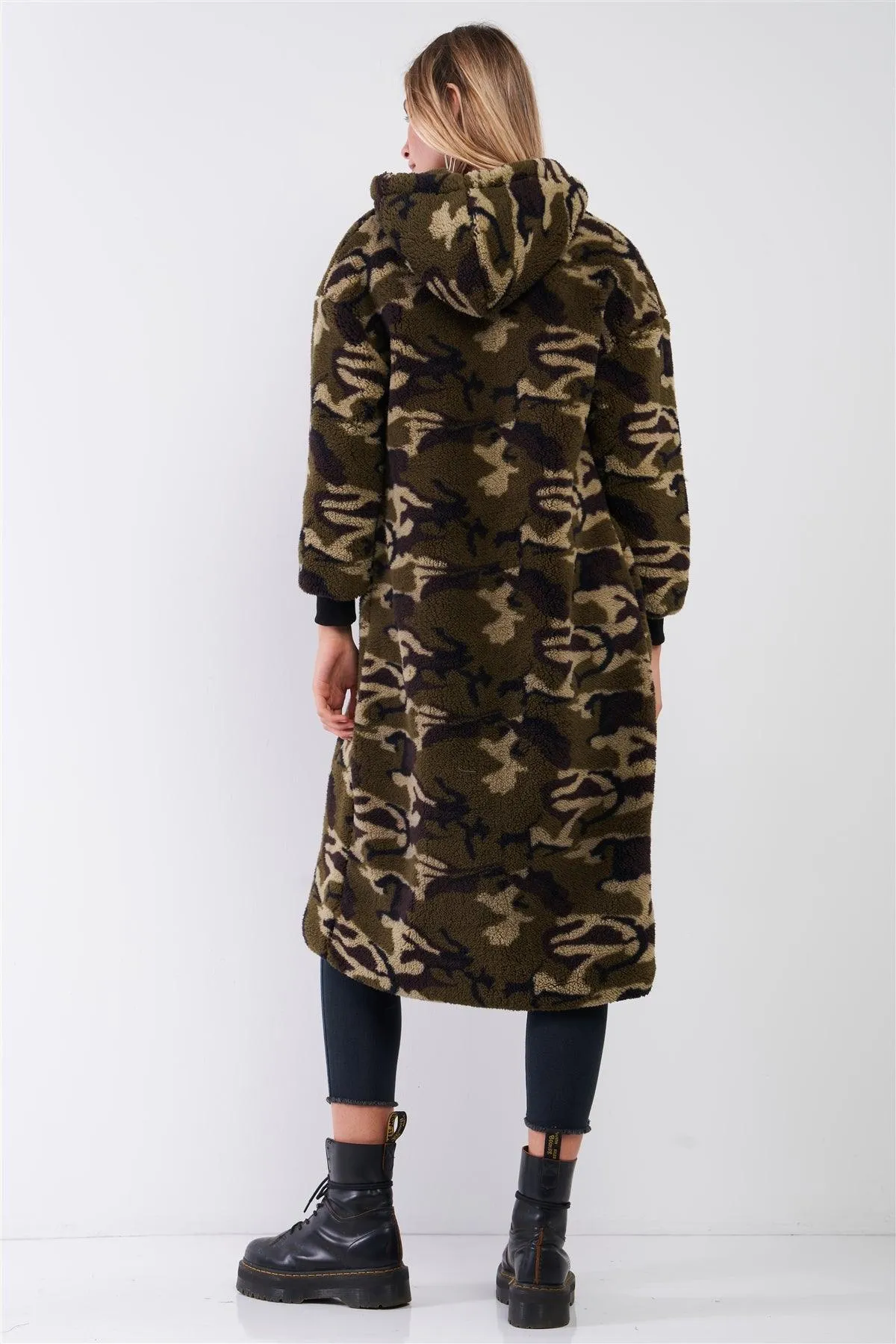 Green Camo Polar Fleece Zip-Up Front Fuzzy Midi Coat Jacket /2-2-2