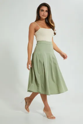 Green Flared Pleated Skirt