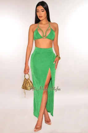 Green Gold Ring Triangle Top Slit Skirt Two Piece Set