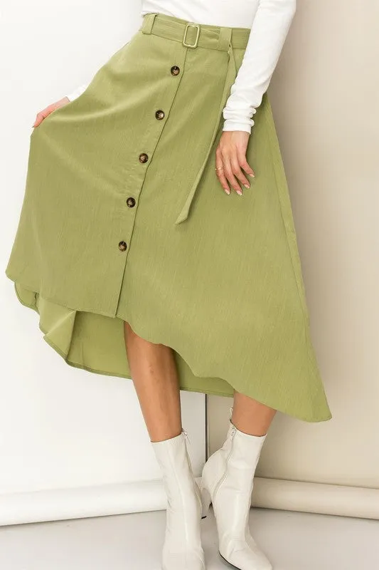 Green Modern Moves Button-Front High-Low Midi Skirt