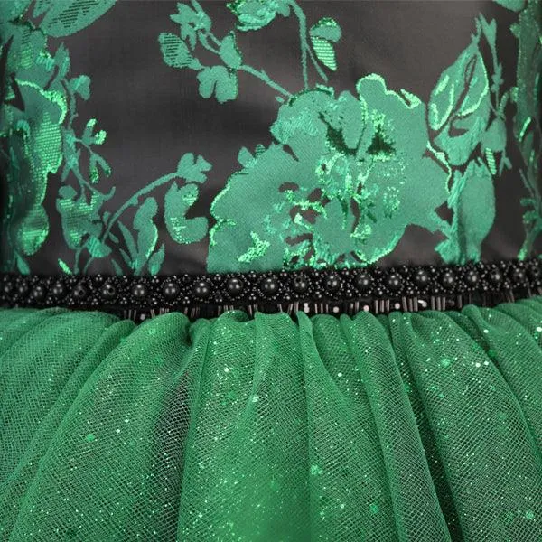 GREEN SHIMMERY DAMASK GIRLS DRESS