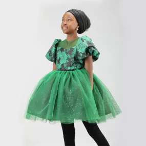 GREEN SHIMMERY DAMASK GIRLS DRESS