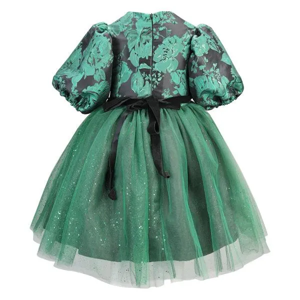 GREEN SHIMMERY DAMASK GIRLS DRESS