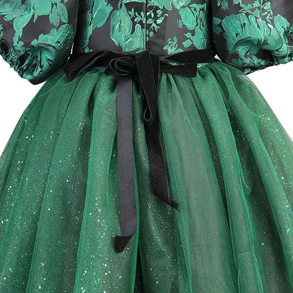 GREEN SHIMMERY DAMASK GIRLS DRESS