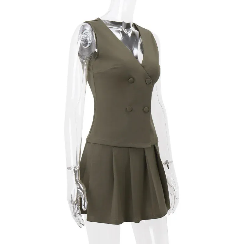 Green Vest and Charming Pleated Mini Skirt Set