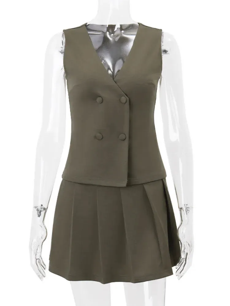 Green Vest and Charming Pleated Mini Skirt Set