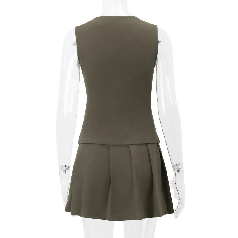 Green Vest and Charming Pleated Mini Skirt Set