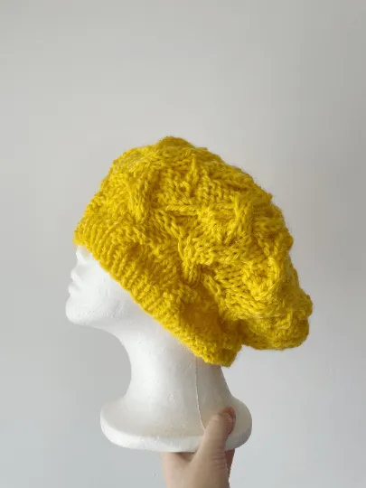 Handknit Cable Slouchy Beanie | Knit Beret | Slouchy Hat in bright yellow | Knit beanie fluffy alpaca cozy winter hat