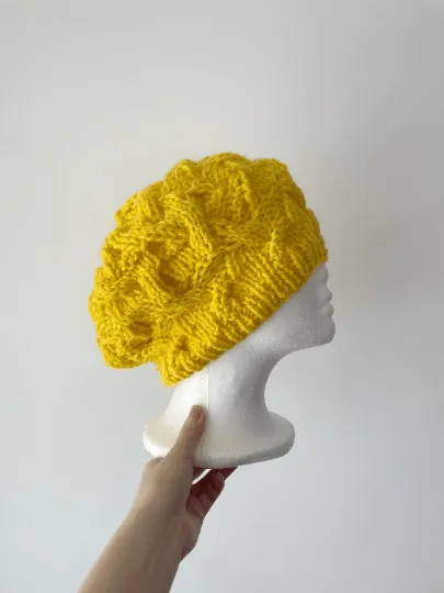 Handknit Cable Slouchy Beanie | Knit Beret | Slouchy Hat in bright yellow | Knit beanie fluffy alpaca cozy winter hat